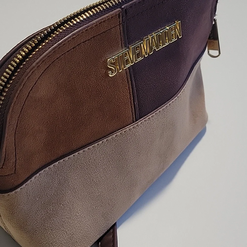 Brown and Tan Patchwork Crossbody Bag With Chain Detail Strap